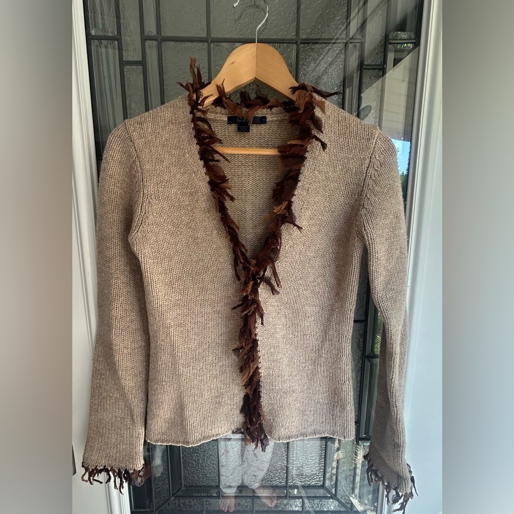 Boden Tan Cardigan with Brown Fringe and clasp front